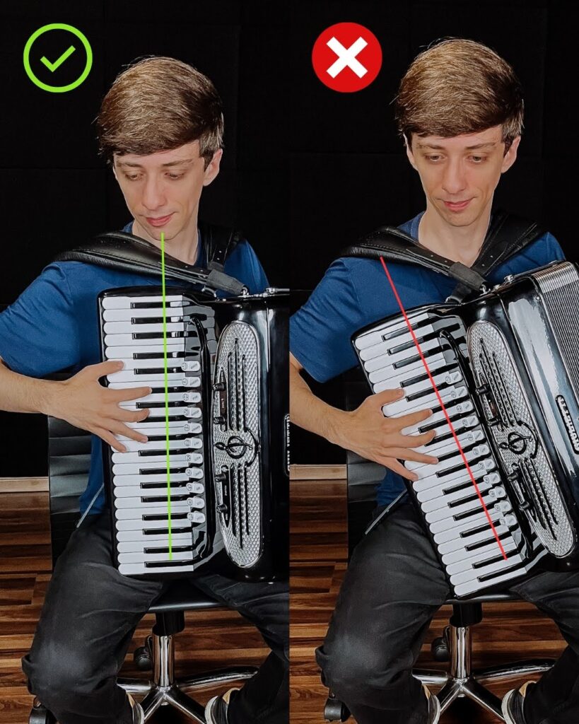 Comparação de postura: alinhamento correto e incorreto do corpo com o acordeon