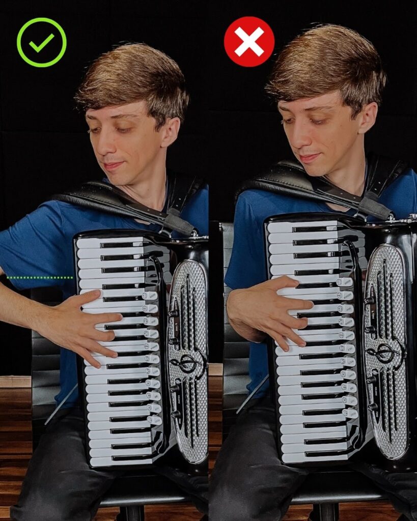 Comparação da distribuição de peso do acordeon no corpo, postura correta e incorreta