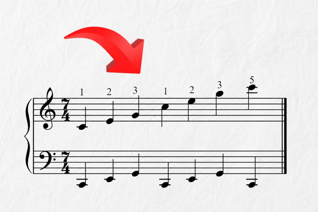 Partitura de exercício de arpejo em compasso 7/4 com dedilhado numerado