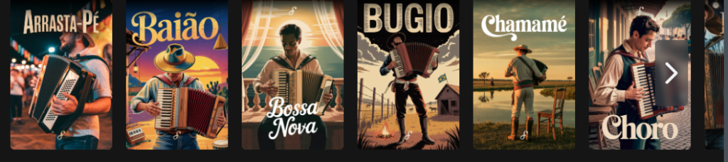 Capas ilustrativas de estilos musicais para acordeon: Arrasta-pé, Baião, Bossa Nova, Bugio, Chamamé e Choro
