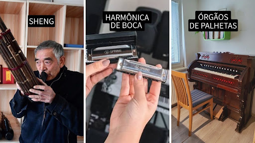 Colagem de instrumentos de palheta livre: sheng chinês, harmônica de boca e órgão de palhetas